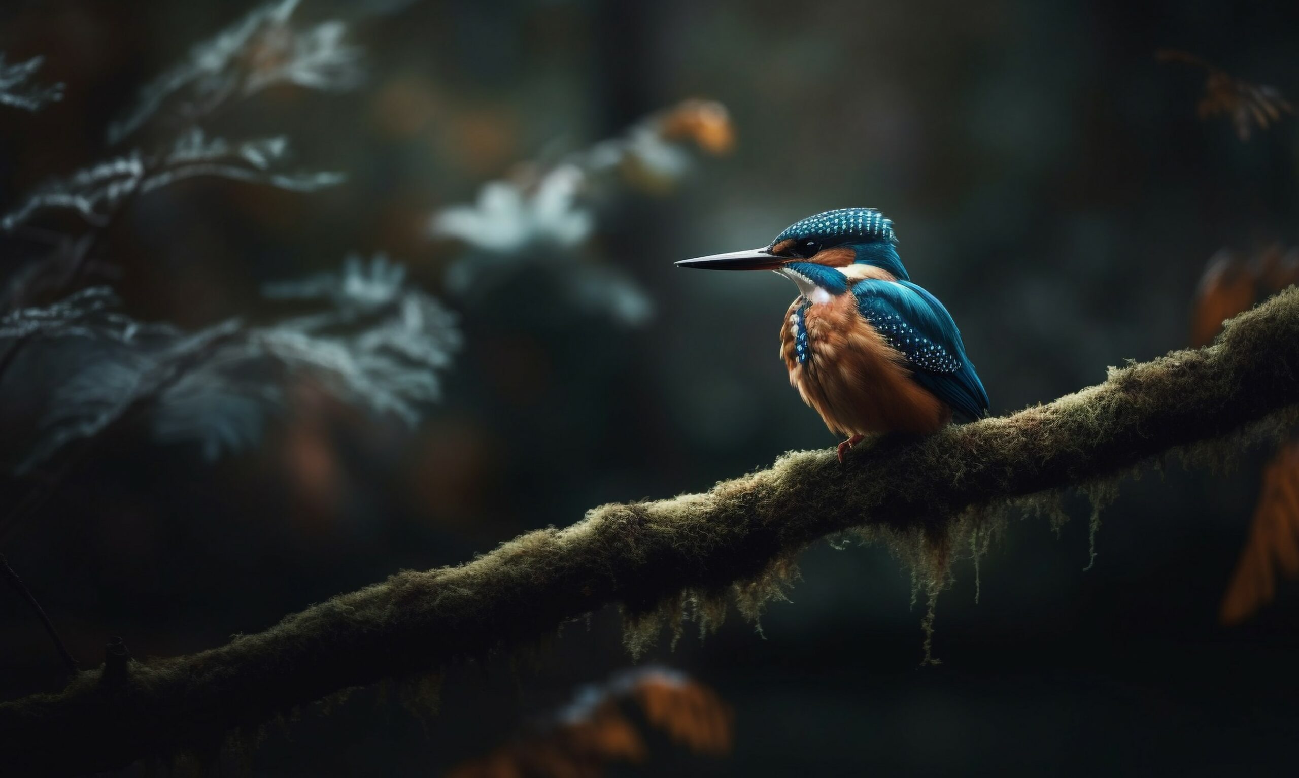 A kingfisher perches on a forest branch, showcasing its vibrant colors amidst the lush greenery.