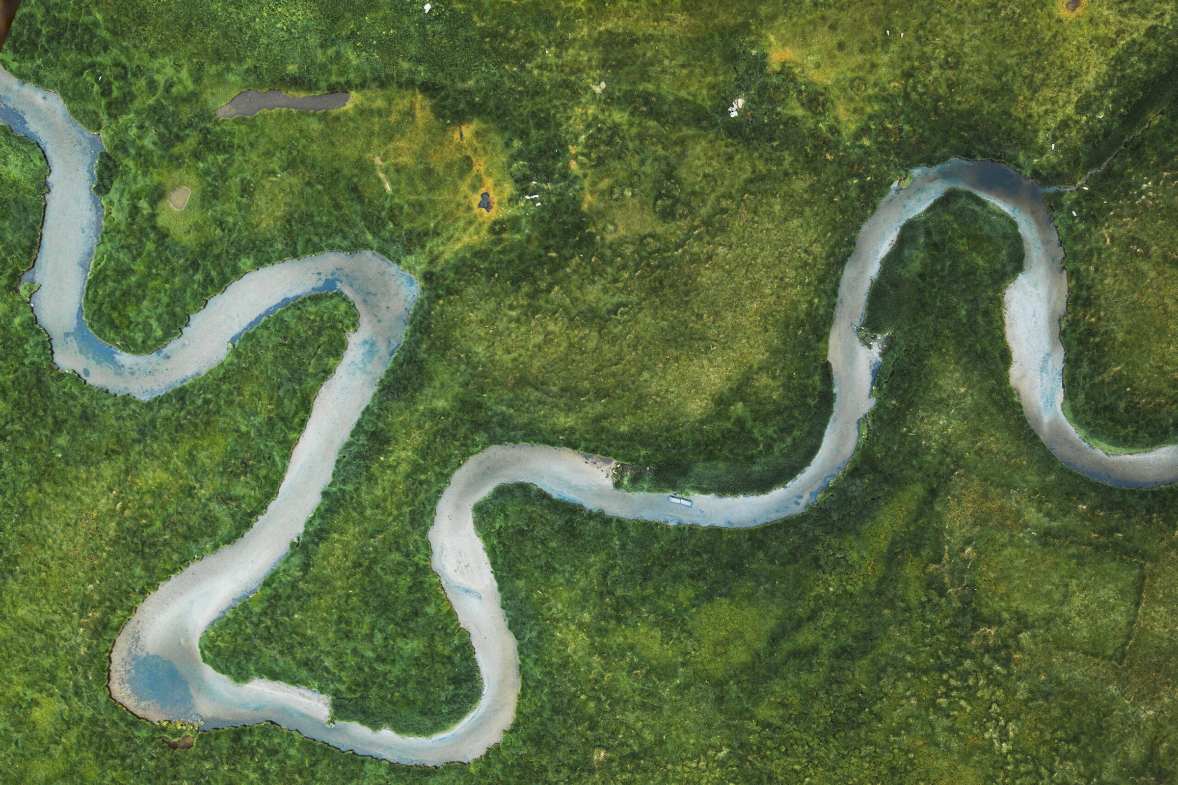 Aerial view of river winding through lush green field.