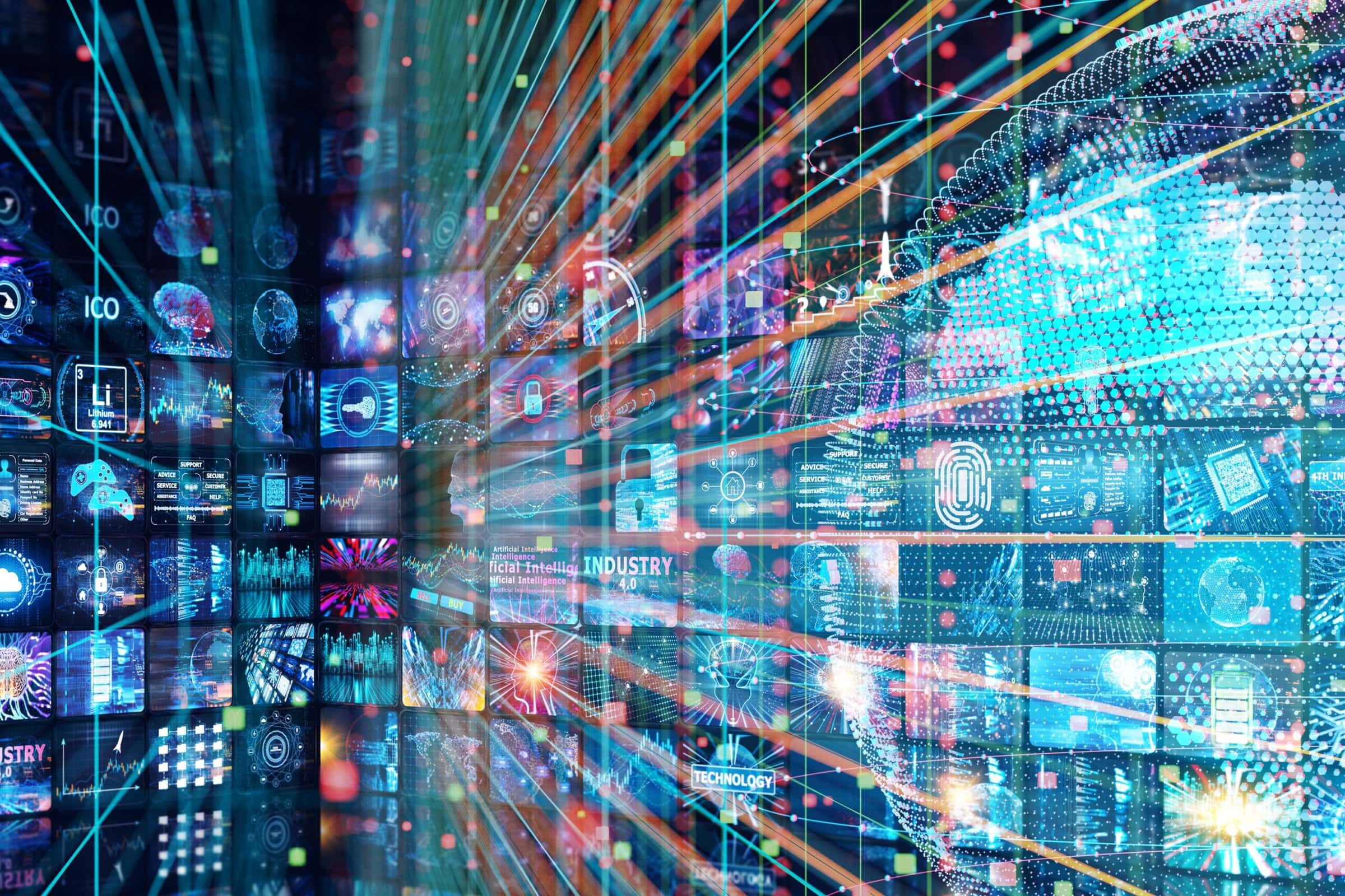 A futuristic cityscape with skyscrapers and flying cars, symbolizing the potential of digital transformation.