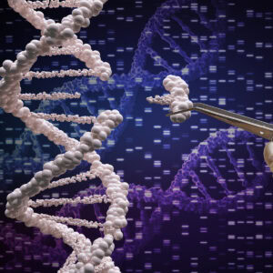 A picture of someone with tweezers picking out a part of a strand of DNA