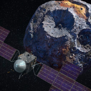 A picture of a satellite going around the moon